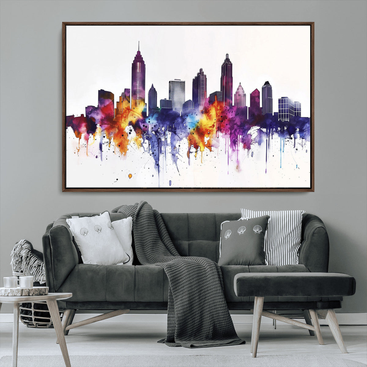 Atlanta Skyline Wall Art Canvas Print, Framed Colorful Watercolor Cityscape