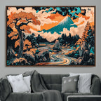 Japanese Landscape Wall Art Canvas Print, Mount Fuji with Flowing River and Autumn Trees