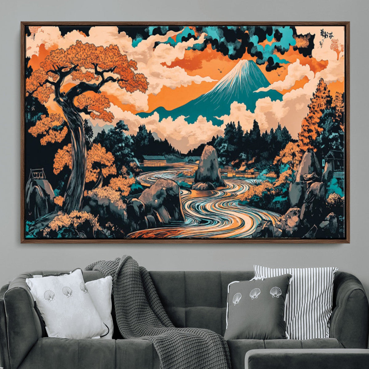 Japanese Landscape Wall Art Canvas Print, Mount Fuji with Flowing River and Autumn Trees