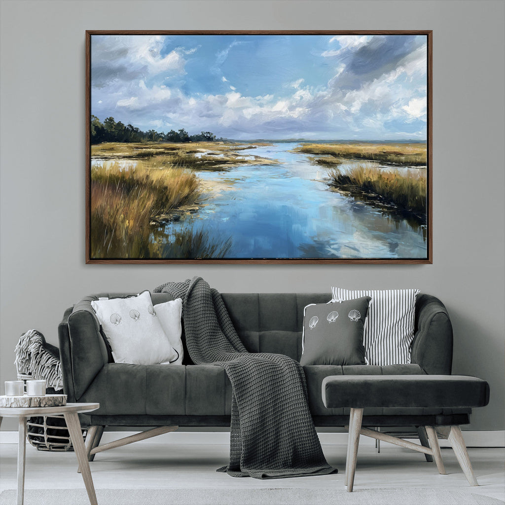 Marshland Wall Art Canvas Print, Serene Water Reflection with Blue Sky and Golden Grass