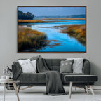 Tranquil Marshland Wall Art Canvas Print, Blue Water Reflecting Sky and Golden Grasses