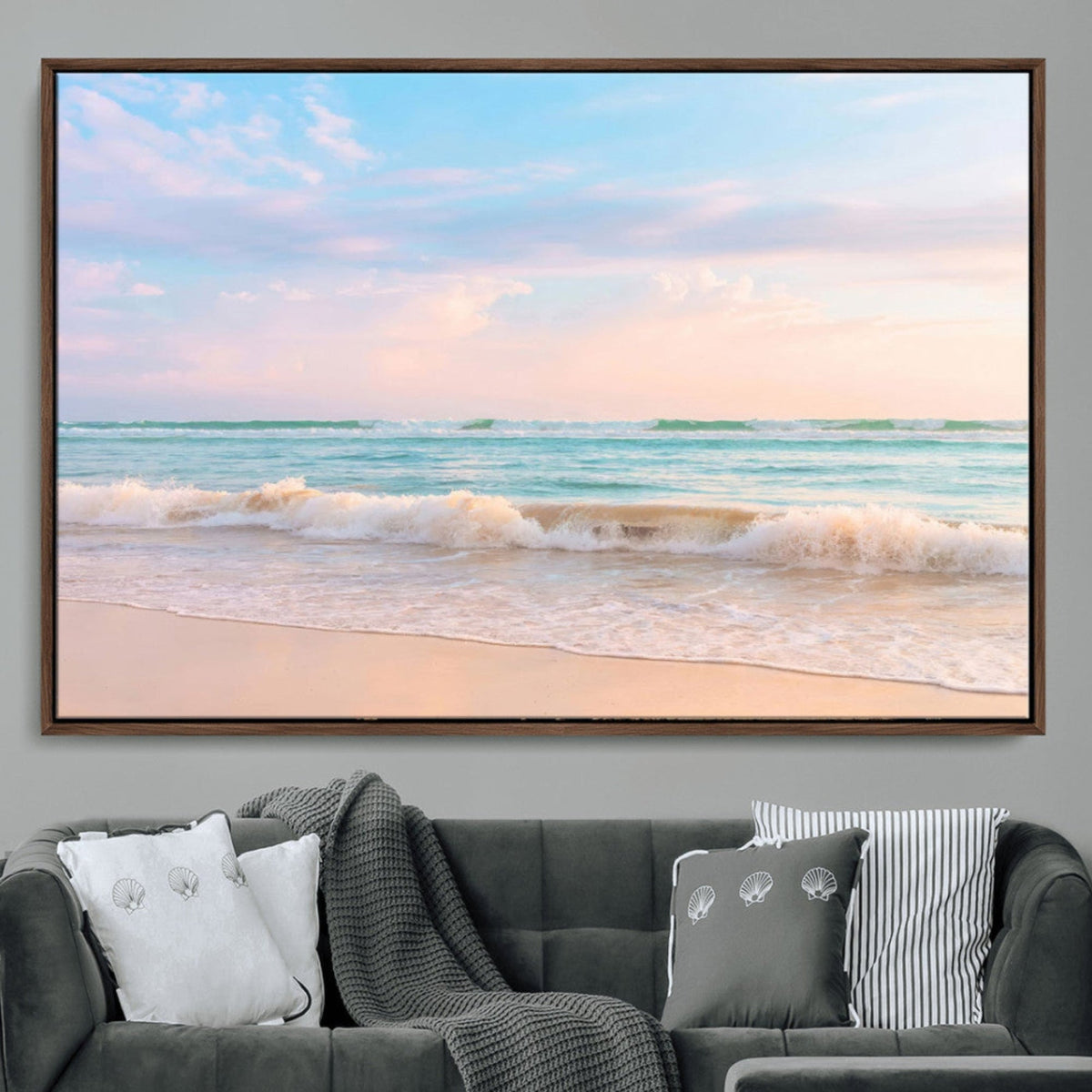 Serene Ocean Waves Wall Art Canvas Print, Pastel Sky Over a Soft Sand Beach