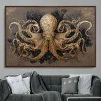 Octopus Wall Art Canvas Print, Black and Gold Detailed Tentacles Nautical Illustration