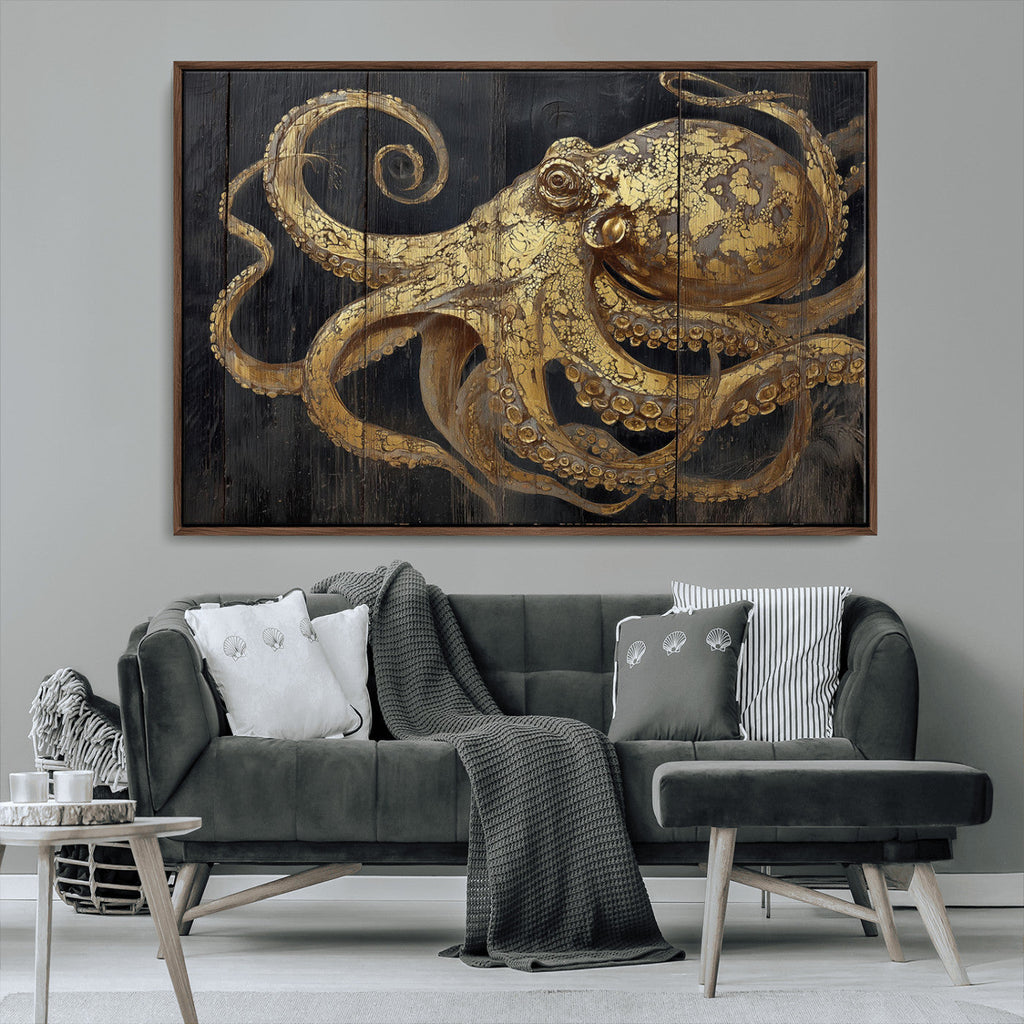 Octopus Wall Art Canvas Print, Gold Detail Octopus on Wooden Plank Background
