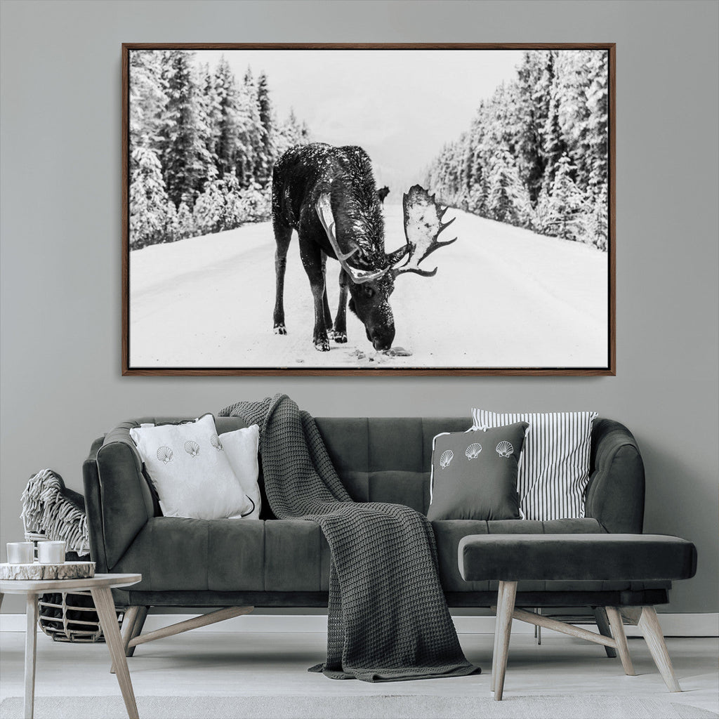 Moose Wall Art Canvas Print, Winter Moose with Antlers in a Snowy Forest