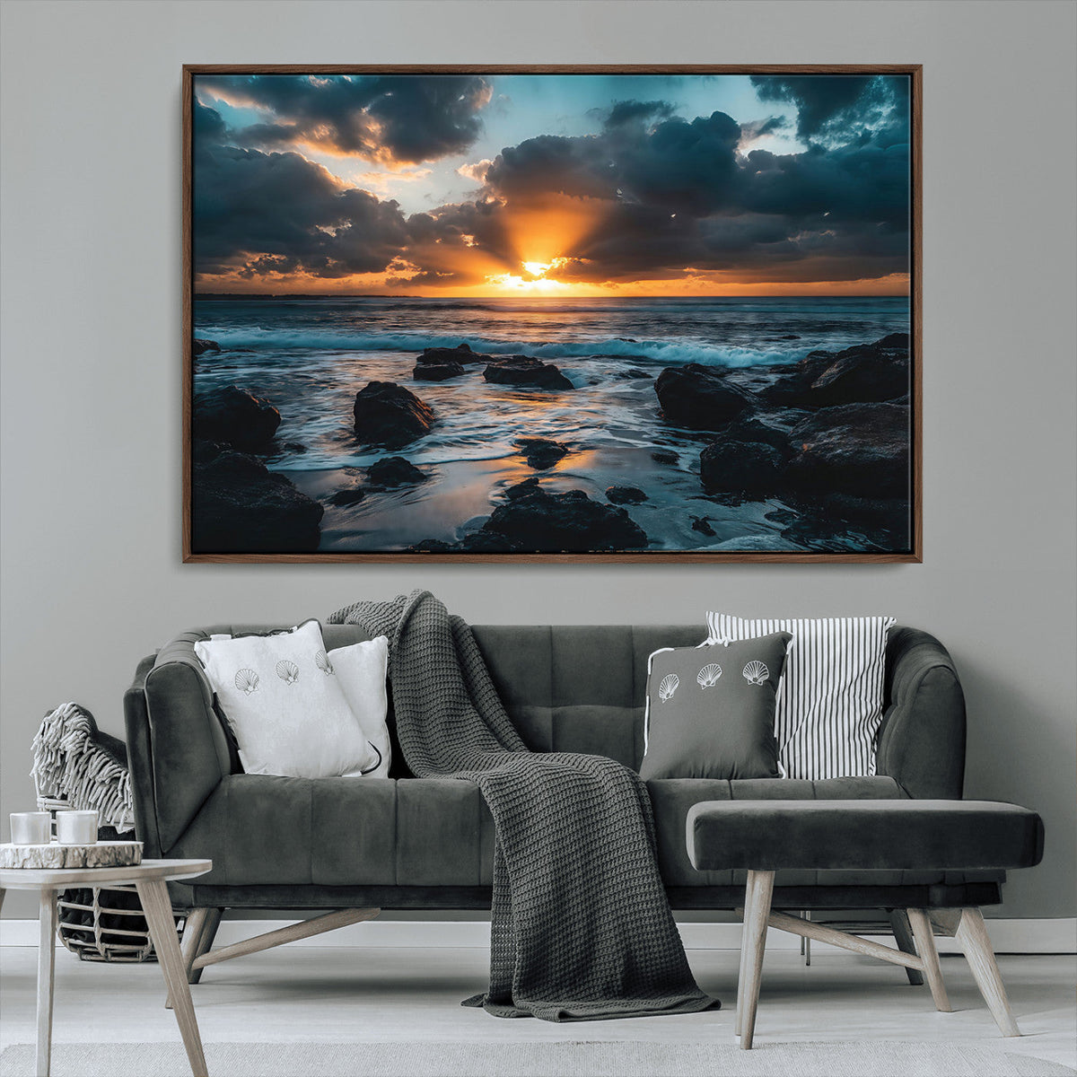 Ocean Sunset Wall Art Canvas Print, Rocky Shore Waves and Golden Sun Rays