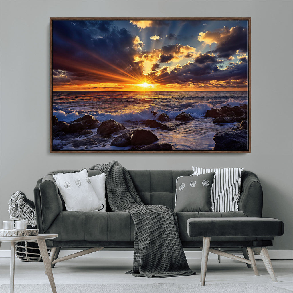 Sunset Ocean Wall Art Canvas Print, Waves on a Rocky Shore Under Dramatic Sky