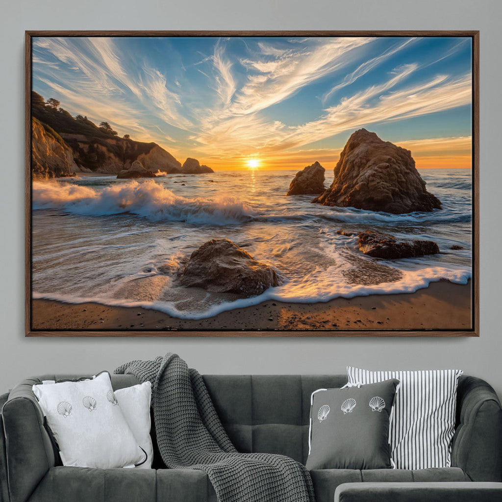 Rocky Ocean Sunset Wall Art Print, Seaside Canvas with Dramatic Seascape