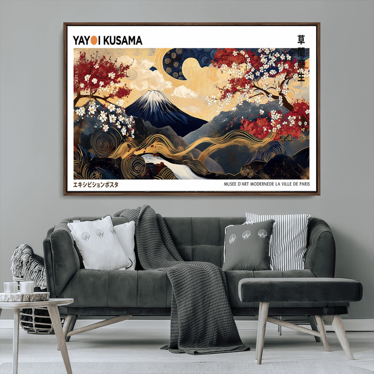 Yayoi Kusama Inspired Japanese Art Canvas Print, Floral Mt. Fuji Modern Asian Wall Decor