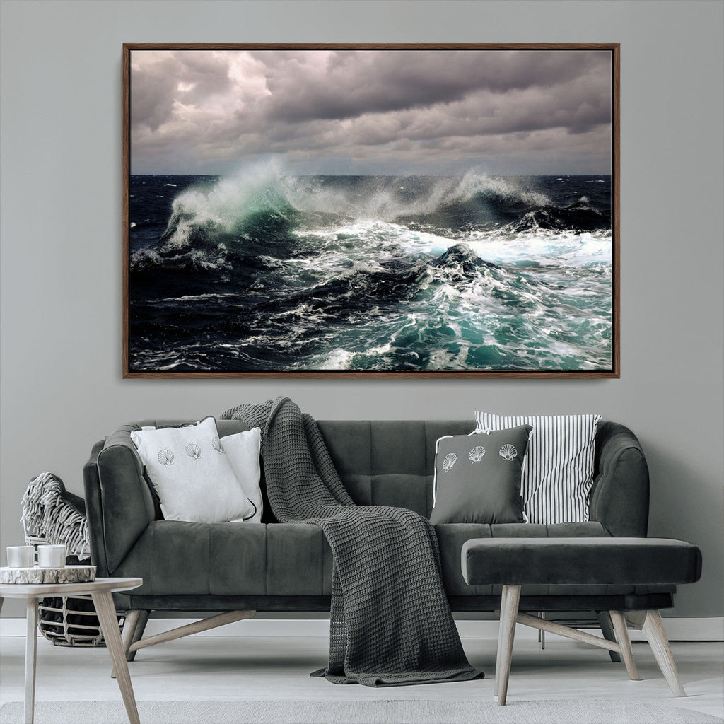 Stormy Ocean Waves Canvas Wall Art, Framed Turbulent Sea Nature Print