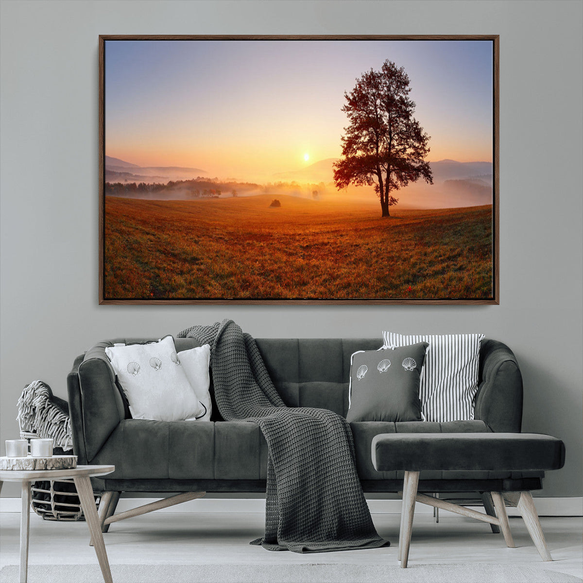 Golden Sunrise Landscape Canvas Wall Art, Framed Misty Field Nature Print