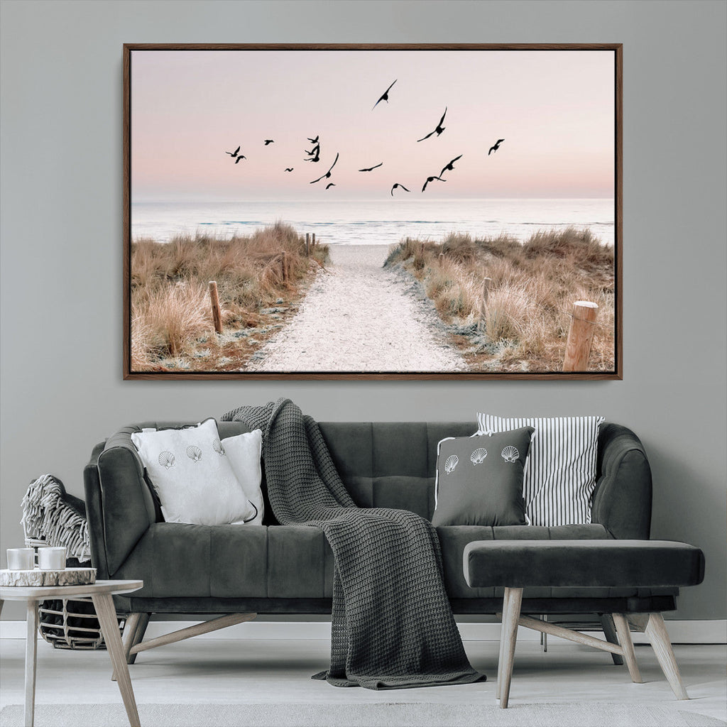 Coastal Pathway Canvas Wall Art Print, Framed Seaside Landscape with Beach and Birds