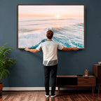 Sunset Surfing Wall Art Canvas Print, Ocean Wave Surfer with Golden Sky