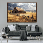 Golden Wheat Field Barn Canvas Print, Rustic Farm Landscape Under Dramatic Sky