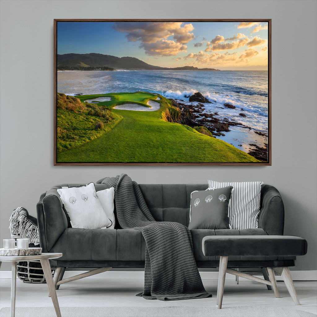 Coastal Golf Course Wall Art Canvas Print, Sunset with Rolling Green Fairways and Ocean Waves