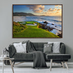 Coastal Golf Course Wall Art Canvas Print, Sunset with Rolling Green Fairways and Ocean Waves