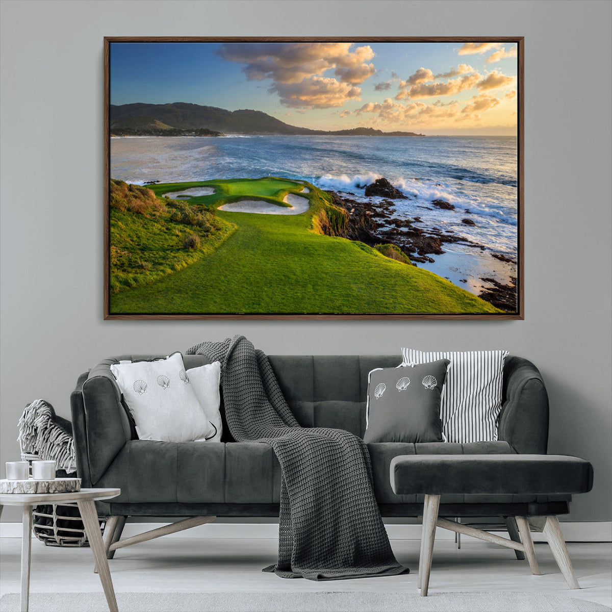 Coastal Golf Course Wall Art Canvas Print, Sunset with Rolling Green Fairways and Ocean Waves
