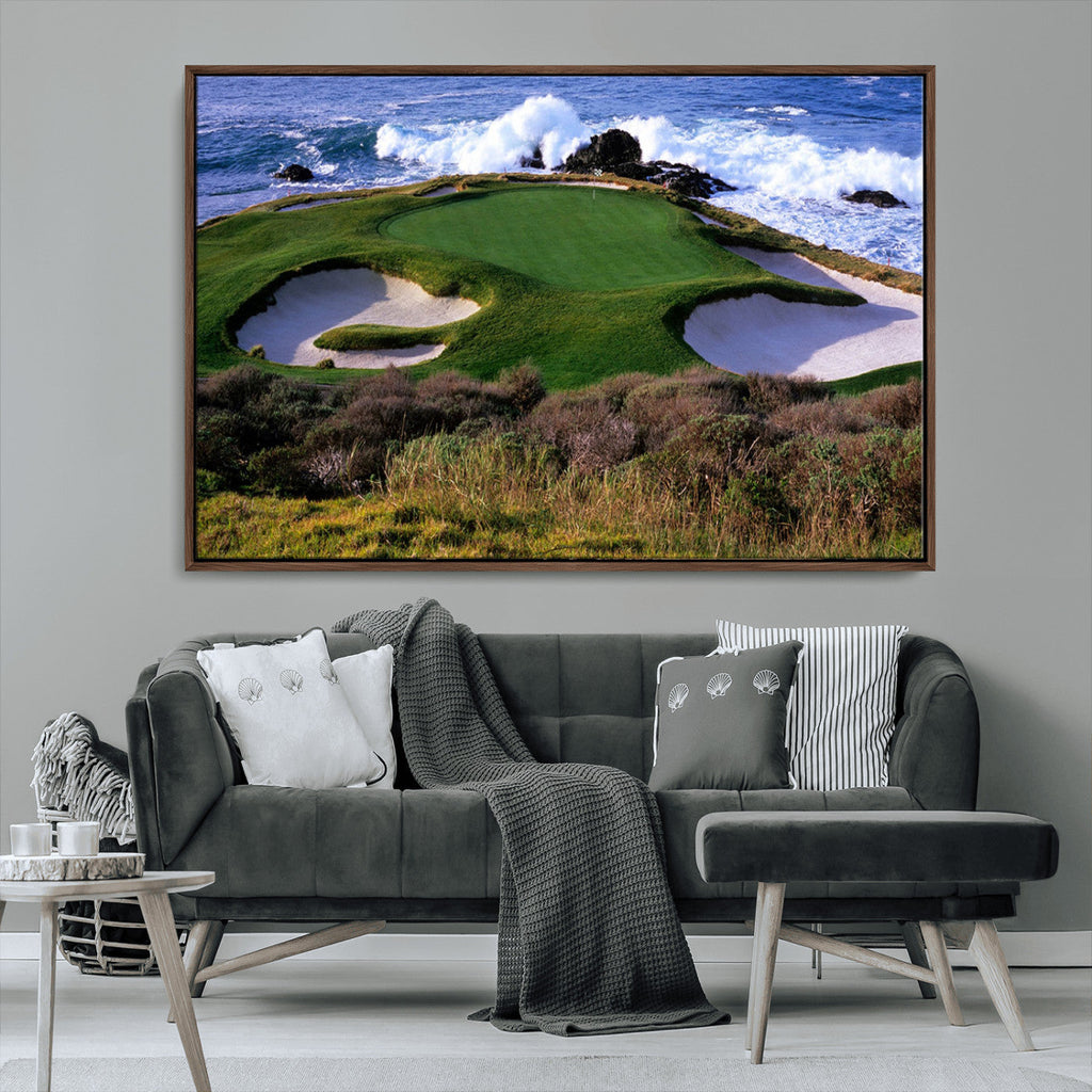 Ocean Cliff Golf Course Wall Art Canvas Print, Waves Crashing, Coastal Golf Landscape