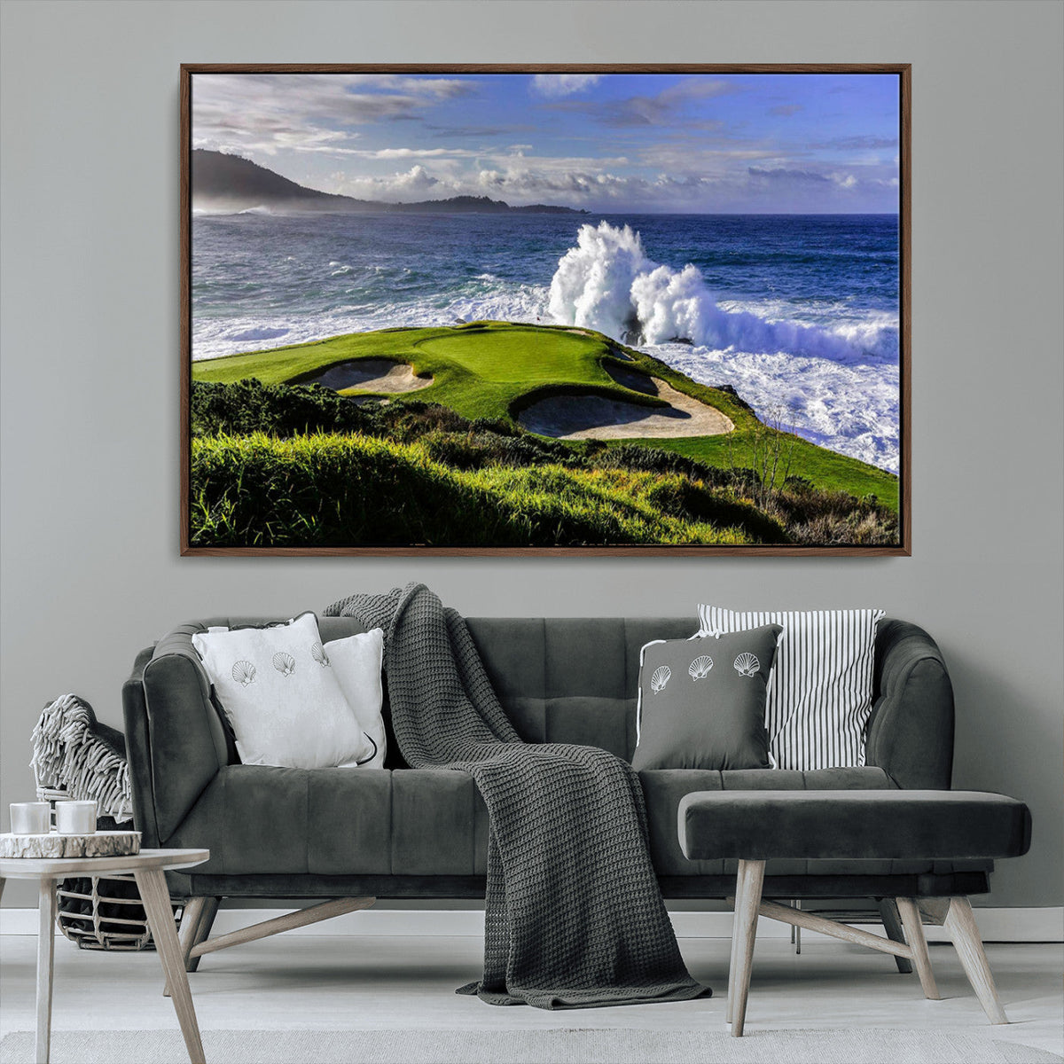 Ocean Waves Crashing Wall Art Canvas Print, Dramatic Rocky Coastline Near a Golf Course