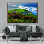 Coastal Golf Course Wall Art Canvas Print, Vibrant Green with Sand Bunkers and Ocean Waves