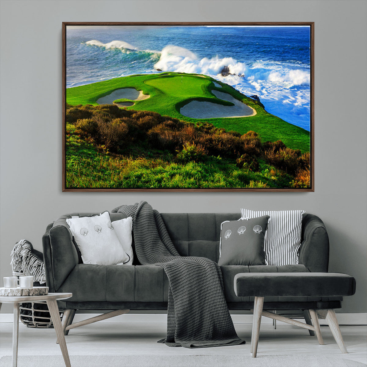 Coastal Golf Course Wall Art Canvas Print, Vibrant Green with Sand Bunkers and Ocean Waves