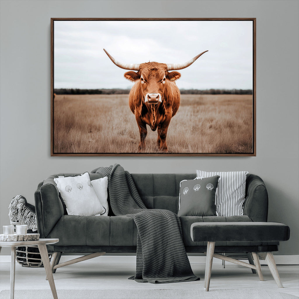 Longhorn Bull Wall Art Canvas Print, Framed Rustic Decor