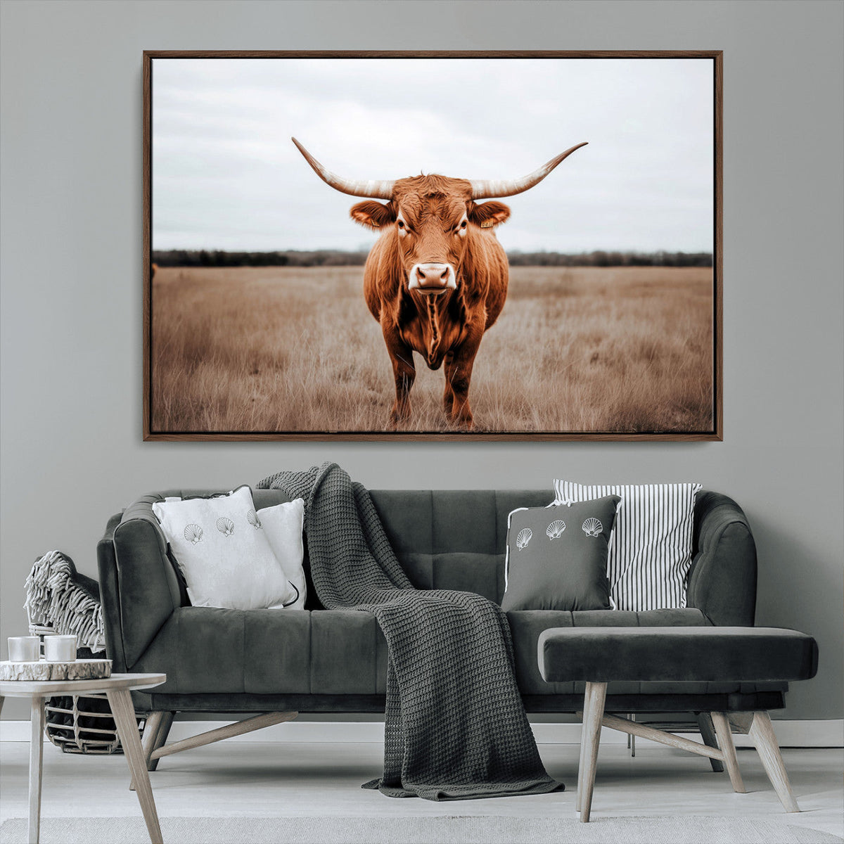 Longhorn Bull Wall Art Canvas Print, Framed Rustic Decor