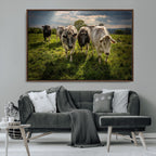 Grazing Cattle Herd Wall Art Canvas Print, Framed Green Pasture Farm Scene