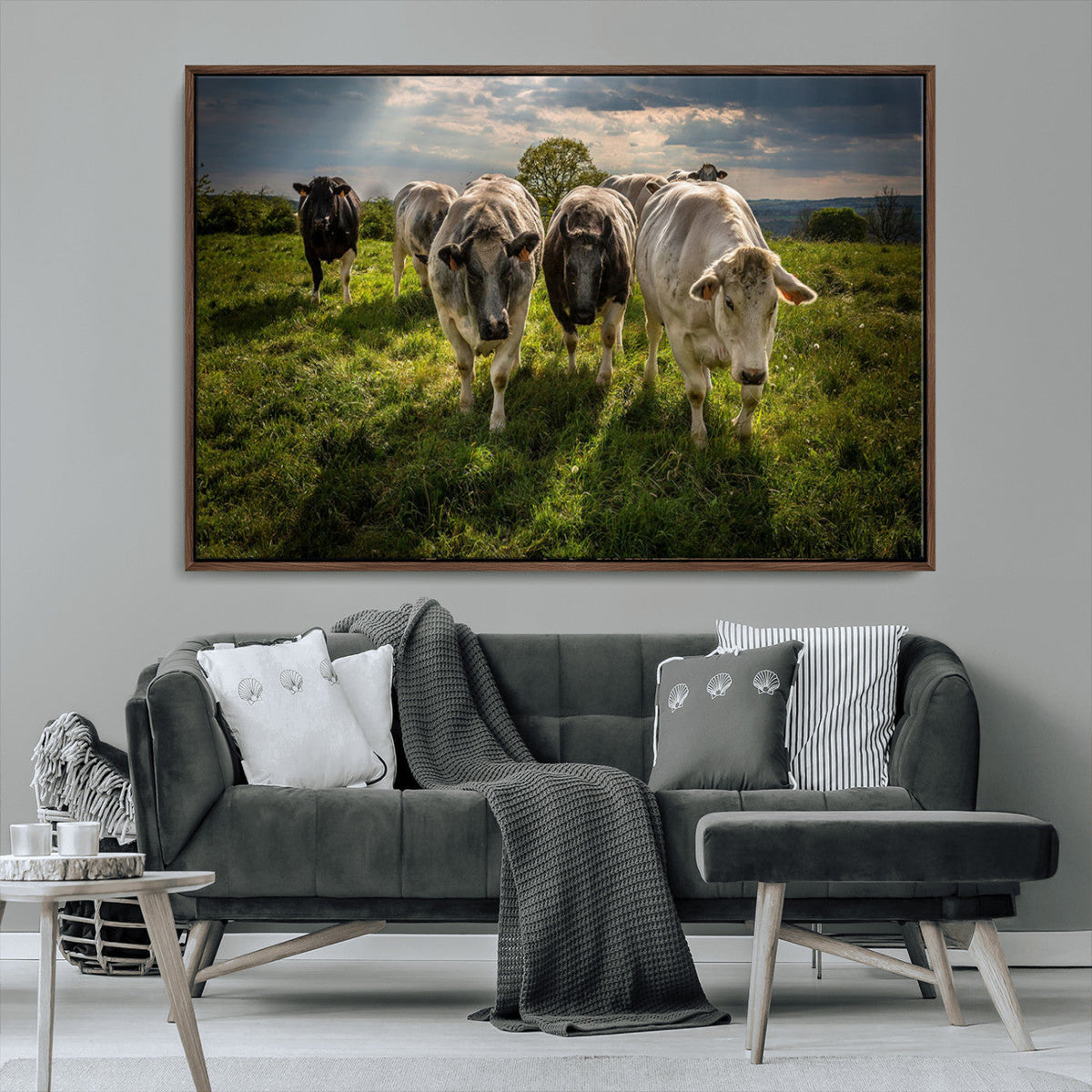 Grazing Cattle Herd Wall Art Canvas Print, Framed Green Pasture Farm Scene