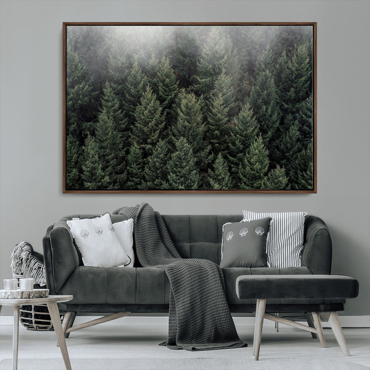 Misty Pine Forest Wall Art Canvas Print, Lush Green Trees Surrounded by Gentle Fog