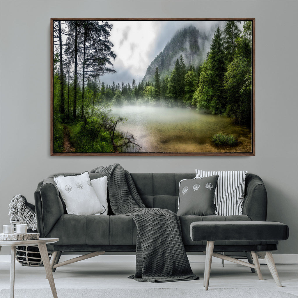 Misty Lake Forest Wall Art, Green Trees and Calm Water Reflection, Mountain Fog Landscape Canvas