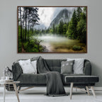 Misty Lake Forest Wall Art, Green Trees and Calm Water Reflection, Mountain Fog Landscape Canvas