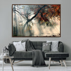 Sunlit Autumn Forest Wall Art, Misty Trees with Sun Rays, Peaceful Fall Landscape Canvas Print