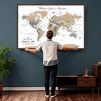 Custom Beige Push Pin World Map Wall Art, Bucket List Map, Study and Hallway Decor
