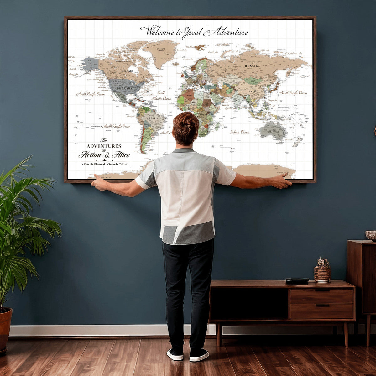 Custom Beige Push Pin World Map Wall Art, Bucket List Map, Study and Hallway Decor