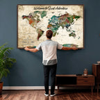 Personalized Beige Grunge World Map Canvas with Push Pins, Next Trip Planner Map, Family Room and Home Office Decor