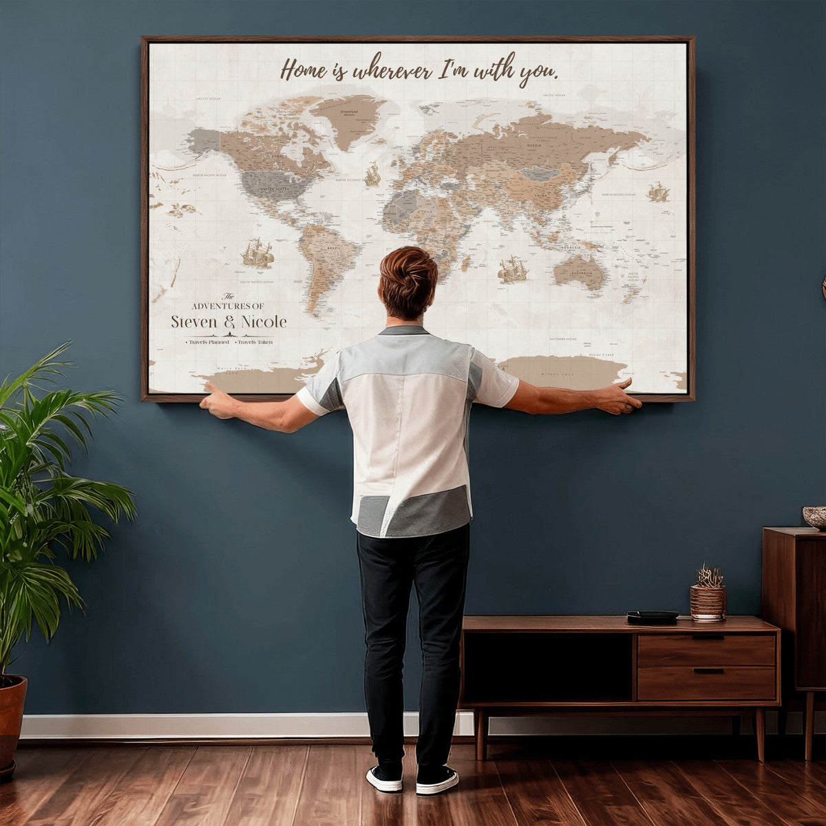 Personalized Beige Geometric Push Pin World Map Canvas Print, Countries Visited Map, Study and Home Office Decor