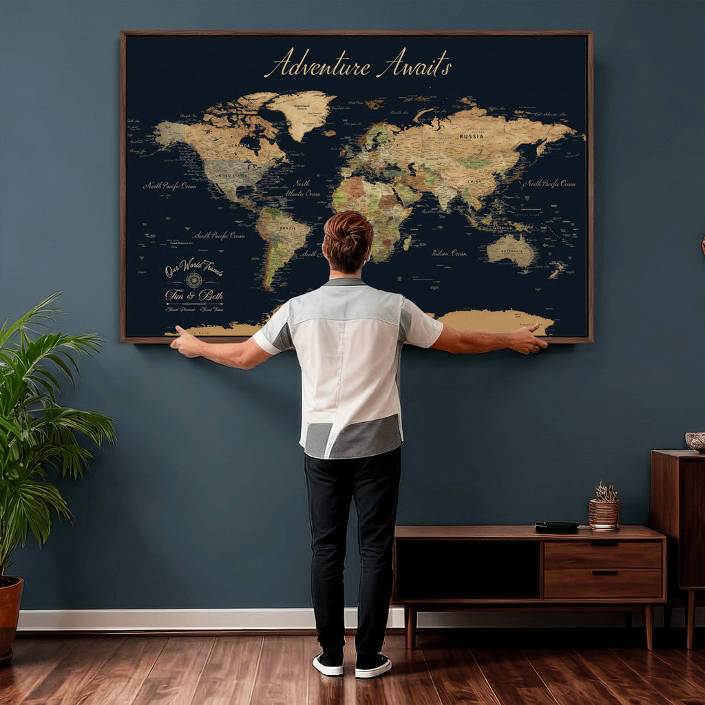 Personalized Navy Geometric World Map Canvas with Push Pins, Honeymoon and Anniversary Gift, Home Office and Hallway Decor
