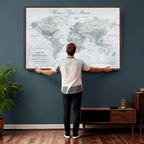 Personalized Beige Antique Push Pin World Map Canvas Print, Family Travel Tracker, Family Room and Entryway Decor