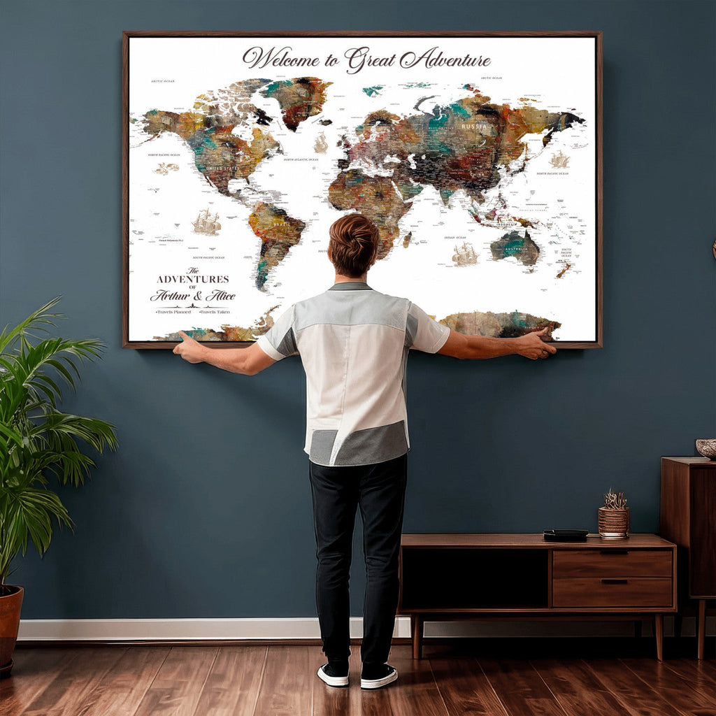 Custom Framed Beige Modern Push Pin World Map Wall Art, Couples Countries Visited Map, Study and Entryway Decor