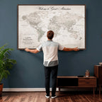 Personalized Beige World Map Canvas with Push Pins, Places Visited Tracker, Family Room and Entryway Decor