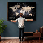 Personalized Beige World Map Canvas with Push Pins, Couples Countries Visited Map, Study and Hallway Decor