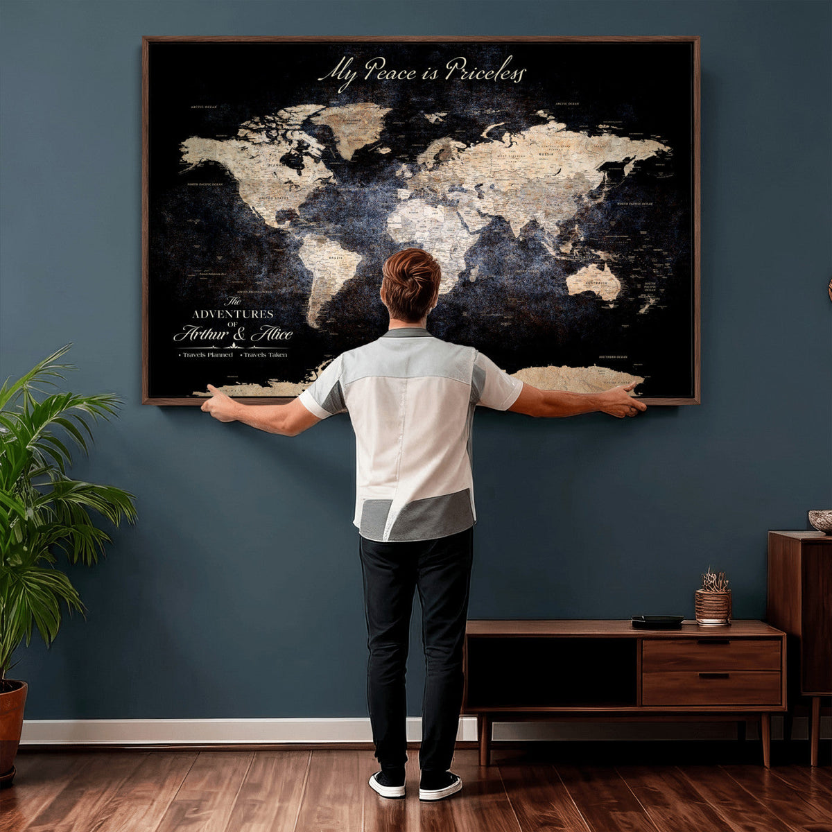 Personalized Beige World Map Canvas with Push Pins, Couples Countries Visited Map, Study and Hallway Decor