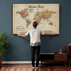 Custom Beige Push Pin World Map Canvas Print, Next Trip Planner Map, Family Room and Study Decor