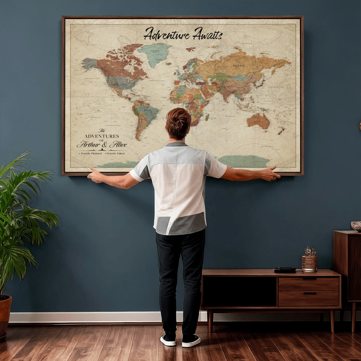 Custom Beige Push Pin World Map Canvas Print, Next Trip Planner Map, Family Room and Study Decor