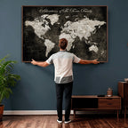 Personalized Framed Beige Push Pin World Map Canvas Print, Couples Countries Visited Map, Dining Room and Study Decor