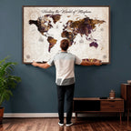 Personalized Framed Navy World Travel Map Wall Art with Pins, Honeymoon and Anniversary Gift, Living Room and Bedroom Decor