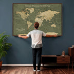 Personalized Framed Beige Geometric Push Pin World Map Canvas Print, Honeymoon and Anniversary Gift, Dining Room and Bedroom Decor