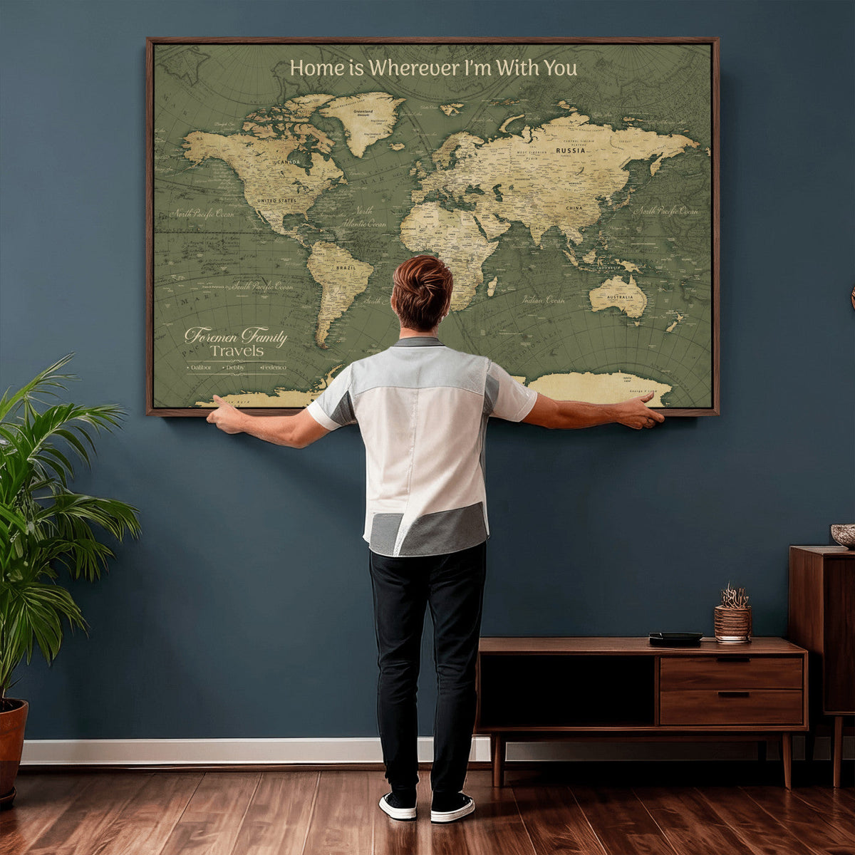 Personalized Framed Beige Geometric Push Pin World Map Canvas Print, Honeymoon and Anniversary Gift, Dining Room and Bedroom Decor