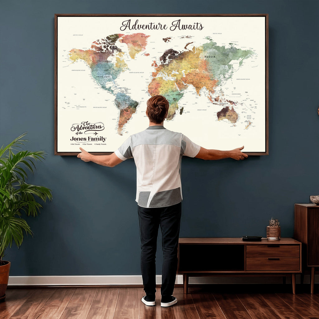 Custom Beige World Map Canvas with Push Pins, Honeymoon and Anniversary Gift, Dining Room and Entryway Decor